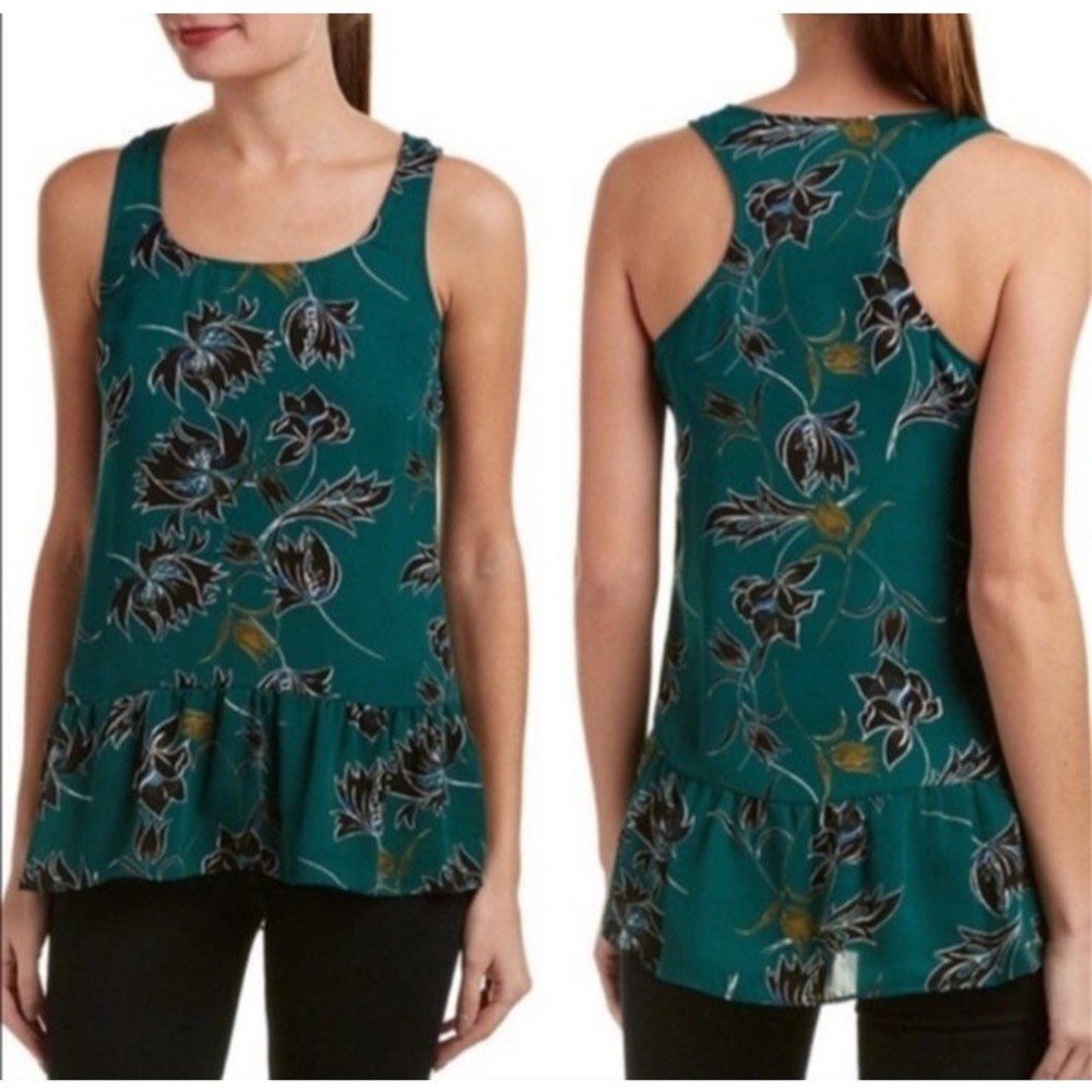 Cabi Zoe green floral print ruffle hem sleeveless blouse size XL